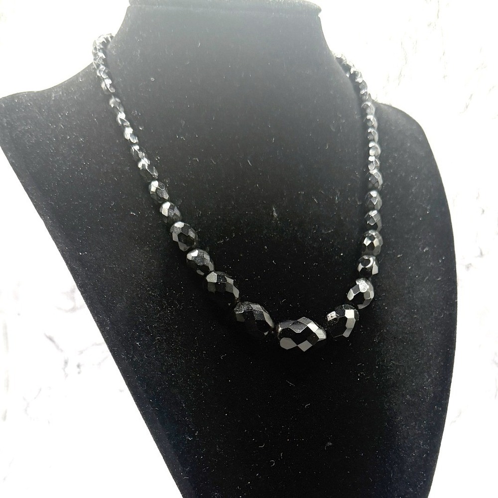 Vintage Black Faceted Glass Bead Necklace Graduated 4.5–12mm Silver Hook